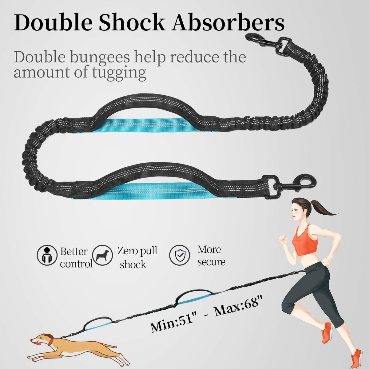 iYoShop Hands Free Dog Leash with Zipper Pouch, Large, 25-120 lbs, Blue
