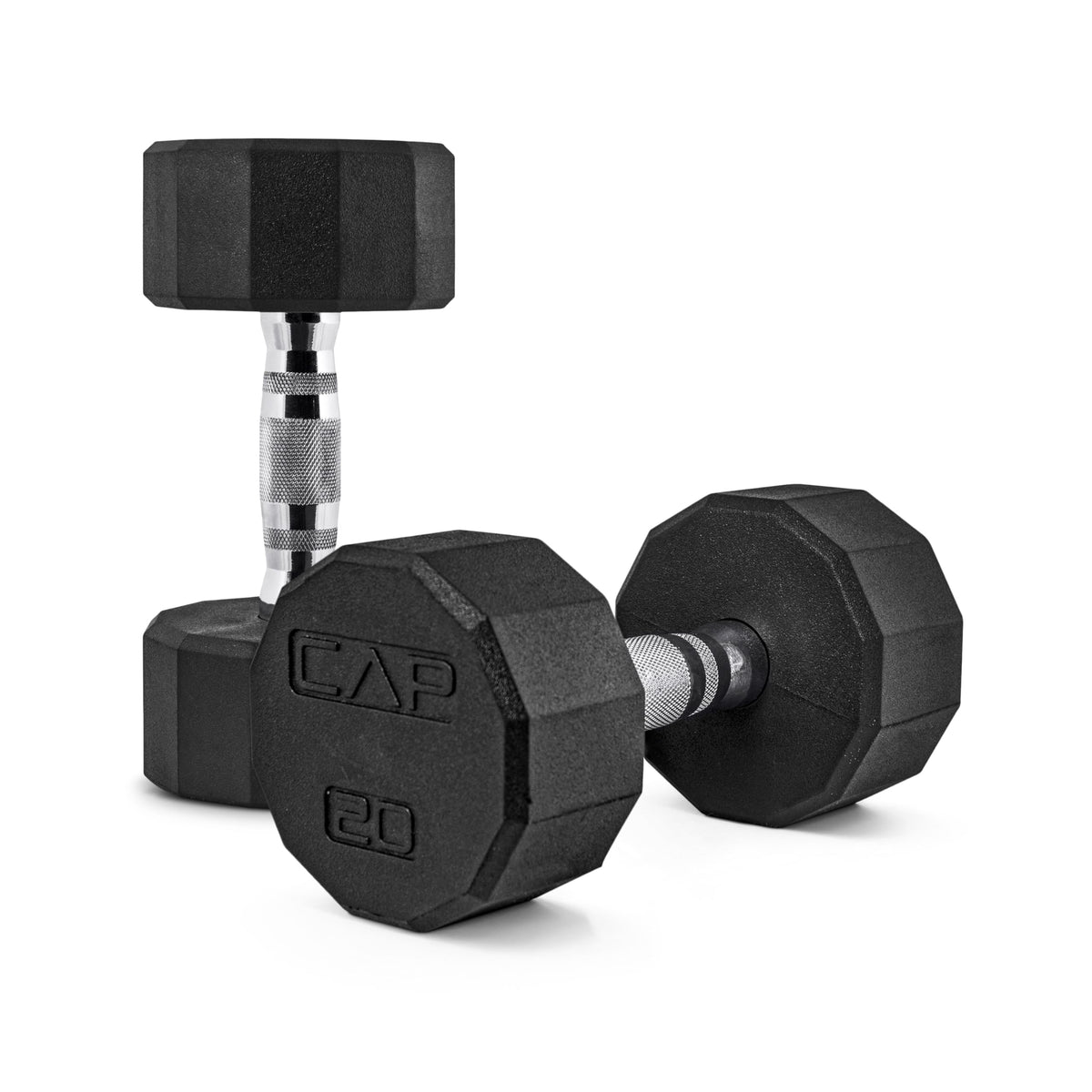 CAP Rubber Coated Dumbbell Weights, Free Weights for Home Gym Strength Training, Anti-Roll Hex Dumbbells with Black, Chrome & Comfort Grip Handles, Pairs & Sets