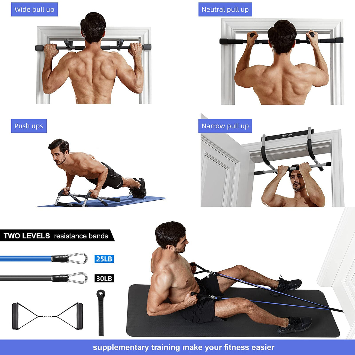 Ally Peaks Pull Up Bar for Doorway | Thickened Steel Max Limit 440 lbs Upper Body Fitness Workout Bar| Multi-Grip Strength for Doorway | Indoor Chin-Up Bar Fitness Trainer for Home Gym Portable
