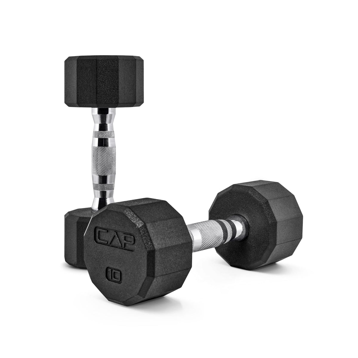 CAP Rubber Coated Dumbbell Weights, Free Weights for Home Gym Strength Training, Anti-Roll Hex Dumbbells with Black, Chrome & Comfort Grip Handles, Pairs & Sets