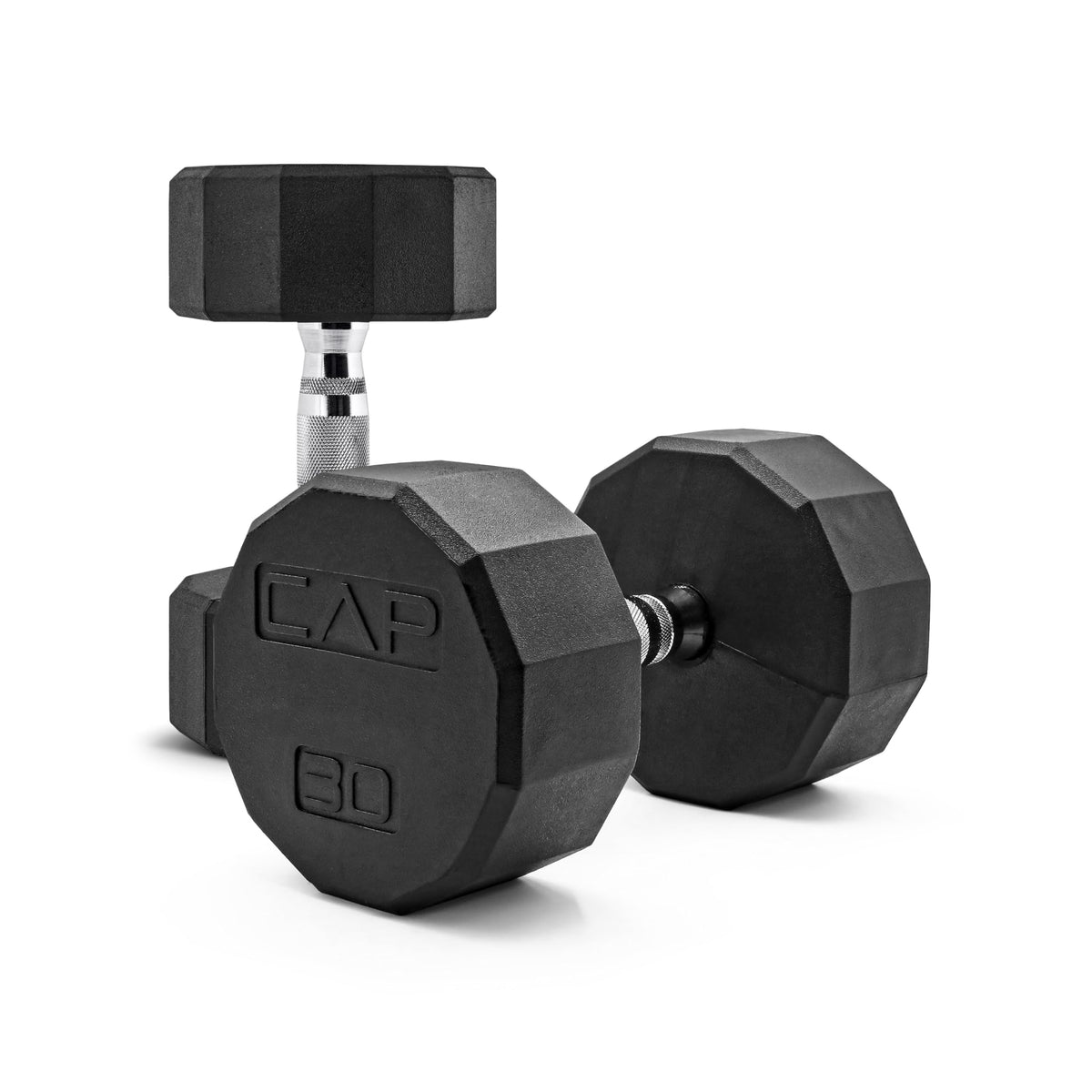 CAP Rubber Coated Dumbbell Weights, Free Weights for Home Gym Strength Training, Anti-Roll Hex Dumbbells with Black, Chrome & Comfort Grip Handles, Pairs & Sets