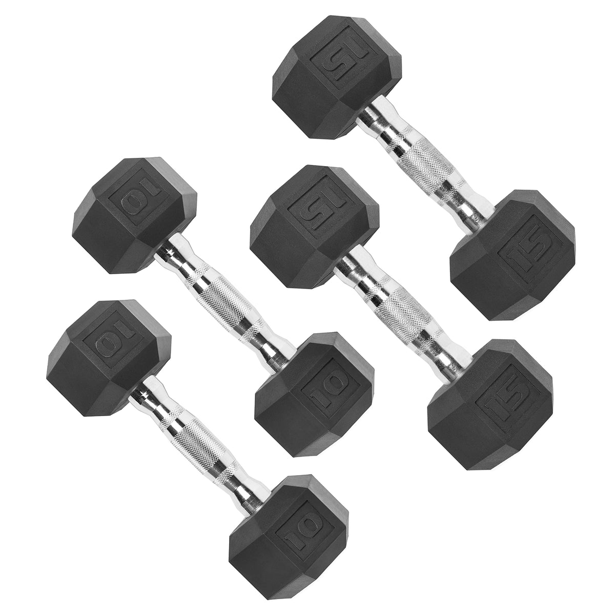 CAP Rubber Coated Dumbbell Weights, Free Weights for Home Gym Strength Training, Anti-Roll Hex Dumbbells with Black, Chrome & Comfort Grip Handles, Pairs & Sets