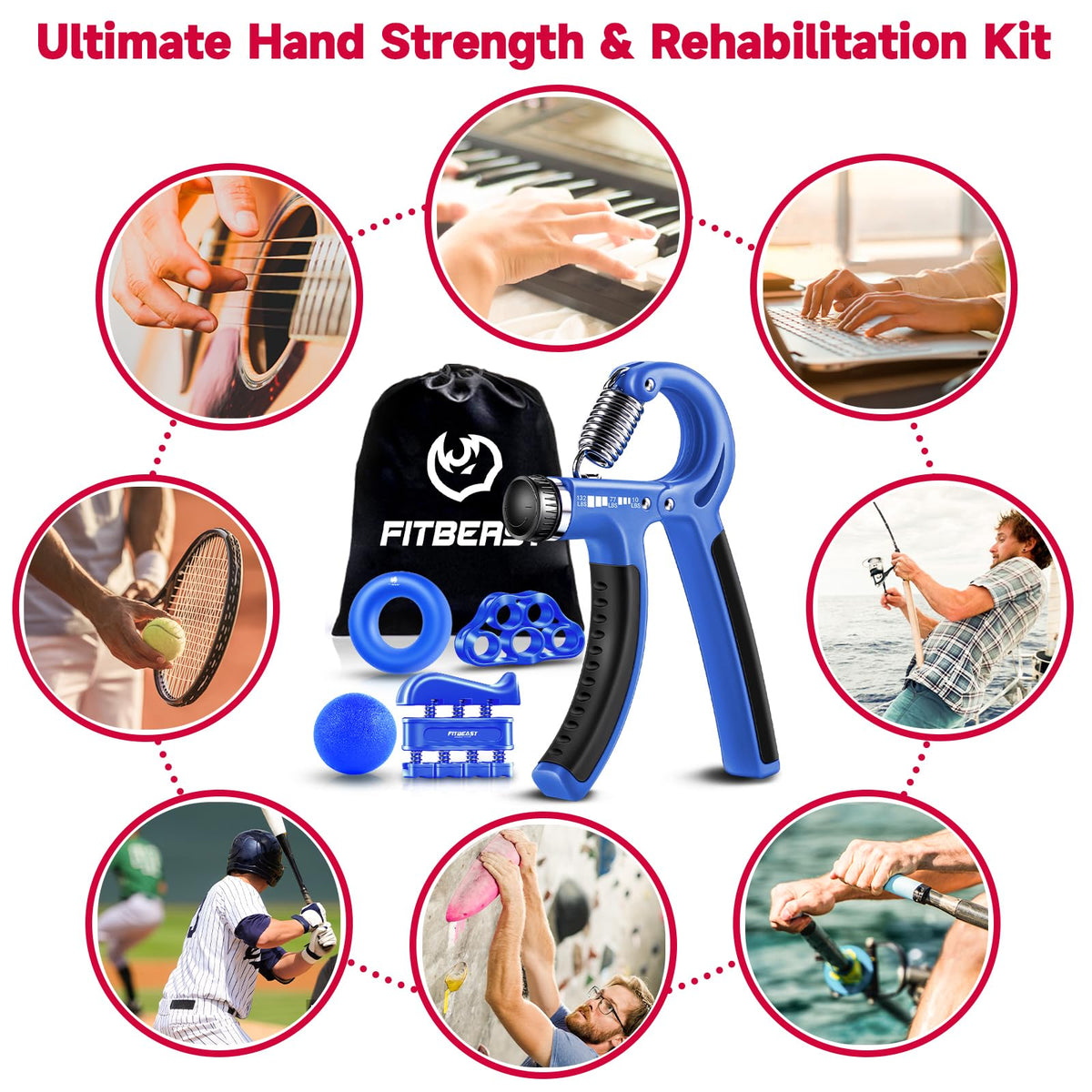 FitBeast Grip Strengthener Forearm Strengthener Hand Grips Strengthener Kit - 5 Pack Adjustable Resistance