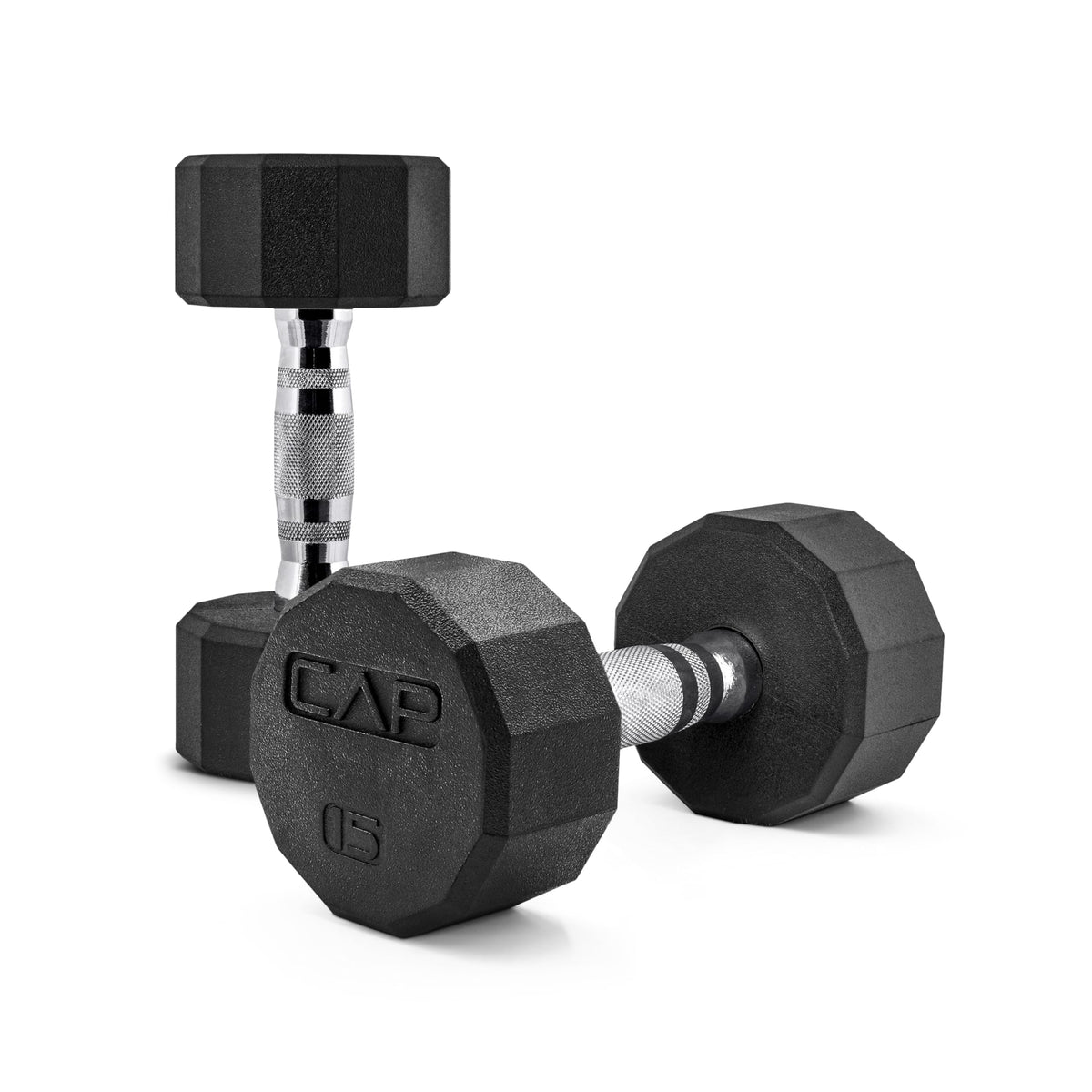 CAP Rubber Coated Dumbbell Weights, Free Weights for Home Gym Strength Training, Anti-Roll Hex Dumbbells with Black, Chrome & Comfort Grip Handles, Pairs & Sets